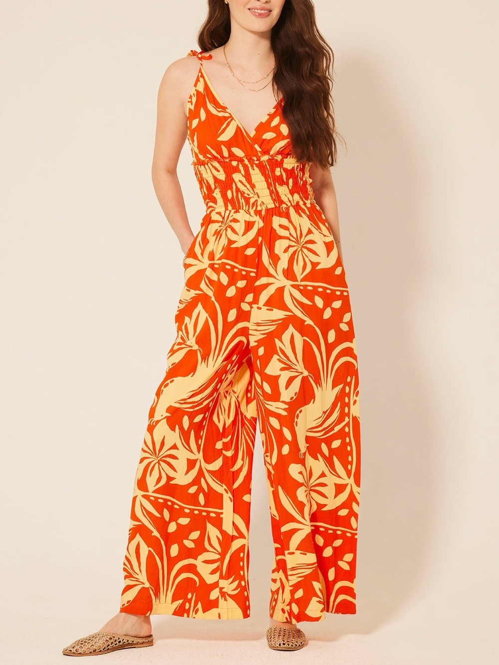 NWOT Patrons of Peace Arcadia Tropical Jumpsuit Orange Wide Leg Resort XL